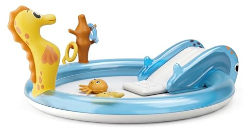 Grsrkep-pooler för barn med uppblåsbar vattenrutschkana, havsdjurtryck barn simbassäng med sprinkler, tjock PVC stor småbarn pool för bakgården