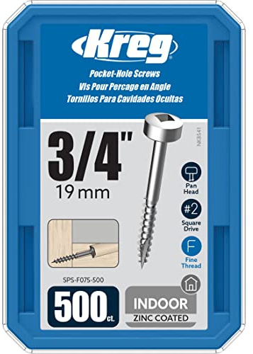 Kreg Zinc Pocket-Hole Screws - SPS-F075-500 - 3/4-Inch - Fine Thread - Pan Head - Indoor - 500 Count