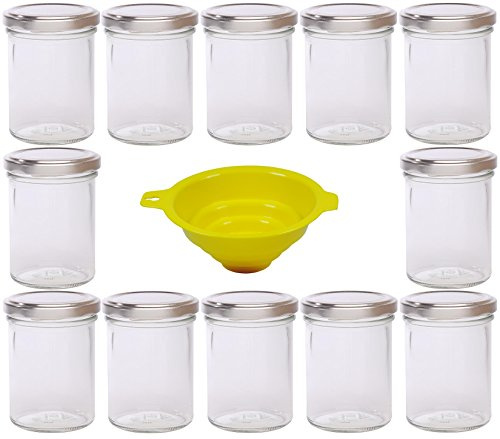 Viva Haushaltswaren - Vasetti in Vetro per marmellate, Salse, ECC., Forma a Campana, 12 Pezzi, capacità: 219 ml, Incluso Imbuto, Colore Tappo: Argento, Colore Imbuto: Giallo