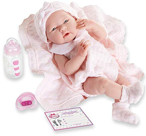 JC Toys- Muñeca La Newborn recién nacida de 38 cm es de vinilo suave, con ropa de punto y accesorios, niña, rosa, diseñado en España por Berenguer, +2 años