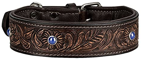 MICHUR Antonio Hundehalsband Leder, Lederhalsband Hund, Halsband, BRAUN, Leder, mit blauen Steinchen, Blau, in verschiedenen Größen erhältlich