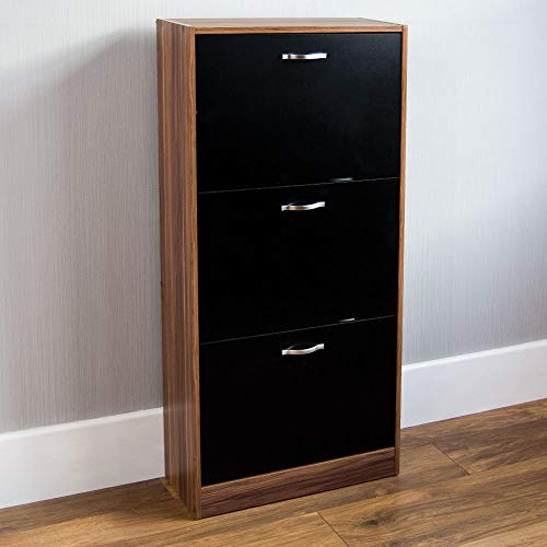 Vida Designs Schuhkipper mit 3 Klappen | 118 H x 60 B x 24 T cm | Walnuss/Schwarz | Platzsparender Schuhschrank für bis zu 15 Paar Schuhe | Kippschutz | Flurmöbel für Eingangsbereich