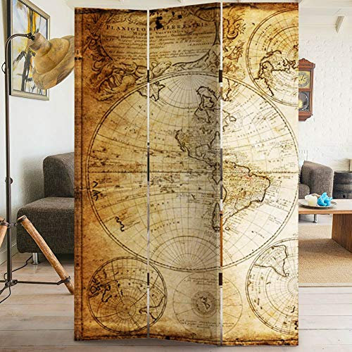 Bakaji Paravento Separè 3 Pannelli Struttura in Legno Rivestimento in Tela con Stampa Fronte Retro Mappamondo Antico Divisorio Richiudibile Pieghevole Dimensione 180 x 120 cm Design Moderno