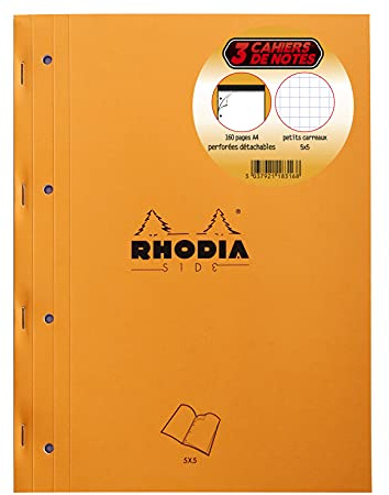 RHODIA 118316C - Lot de 3 Bloc-Notes Agrafés Coté Side Orange - A4 - Petits Carreaux - 80 Feuilles Détachables Perforation 4 Trous Papier Clairefontaine Blanc 80 g/m² - Couverture Souple et Résistante