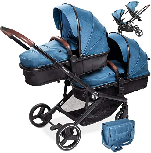BABYGO Kinderwagen 3 in 1 für Zwillinge - Geschwisterkinderwagen/Geschwisterwagen für Babys - Zwillingskinderwagen/Zwillingswagen für 2 Kinder mit viel Zubehör Blau-ohne Babyschale 1 Stück (1er Pack)
