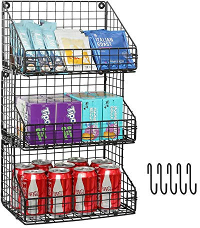 X-cosrack 3 Tier Stackable Tea Bag Organizer Large Size with 5 Hooks Metal Wire Basket Coffee Snack Rack Holder Countertop Caddy Bin Wall Mount Shelf for Office Kitchen Cabinet Pantry Patent Desgin