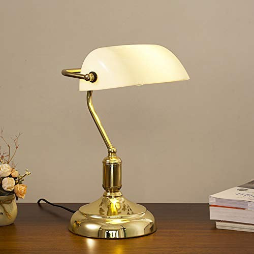 LANMOU Retro Tischlampe Traditionelle Bankerlampe, E27 Nachttischlampe mit Glaslampenschirm und Zugschalter, Deko Büro Schreibtischlampe Vintage Bankers Licht für Arbeitszimmer, Gold