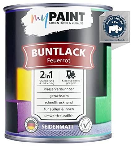 myPaint 2in1 Buntlack Seidenmatt (750ml Feuerrot / Rot RAL 3000) – Wetterfeste Holzfarbe Holzlack Küchenmöbellack. Getrocknet auch für Kinderspielzeug. Schnelltrocknend, Für Innen Außen