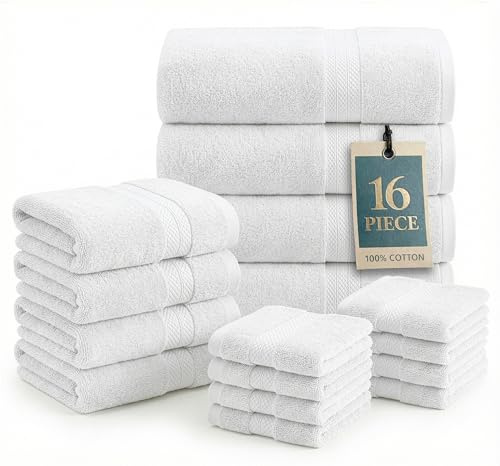 LANE LINEN 100% Cotton Bath Towel Set - 16 Pieces - Super Soft, Highly Absorbent & Quick Dry - 4 Bath, 8 Washcloths, 4 Hand Towels for Bathroom - Hotel Quality, Ideal for Spa, Gym & Travel - White