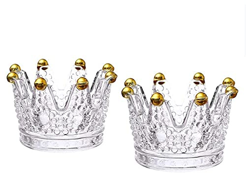 Crown Glassware Candle Holder,2 Pcs Tea Light/Tabletop Candlestick Ornament,Crystal Glass Jewelry Ring Holder,Gift for Weddings Party Favor Home Decor (Gold, 2Pcs)