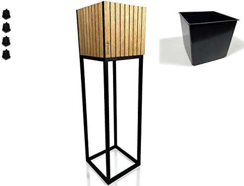 FLEXISTYLE Pflanzenständer LOFT FIORINO Metall Eiche Holz Lamelle Blumenständer Schwarz Blumentopf mit Beinen Hohe Blumentöpfe Loft Style viele Dimensionen Made in EU (22x22x80cm)
