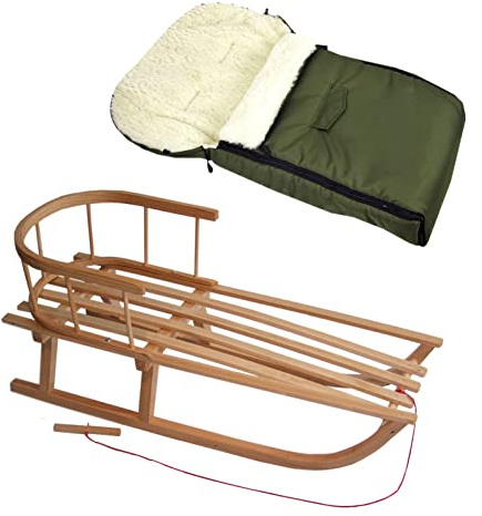 Kombierbjudande träsläde med ryggstöd och dragrep + universell vinteråksäck (90 cm), även lämplig för babystol, barnvagn, buggy, lammull, uni (oliv + släde)