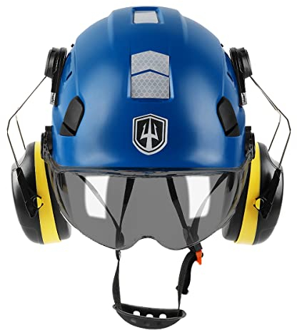 GREEN DEVIL Schutzhelm Arbeitshelm mit klarem Visier und Gehörschutz Ohrenschützer Einstellbarer ABS Sicherheitshelm Belüfteter Bauhelm mit EN 397 Industriehelm (Smoke Visor Blau)