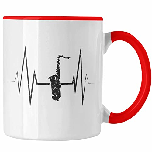 Trendation - Saxophon Tasse Geschenk Herzschlag Saxophonist Kaffeebecher Geschenkidee Lustig (Rot)
