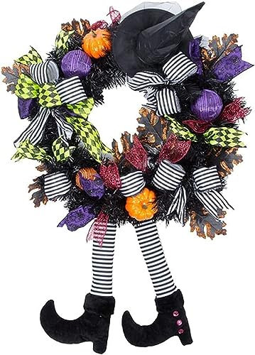Halloween-Kranz-Dekorationen – Halloween-Kränze für Haustür – Hexendekoration mit Hutbeinen, Kürbis, Halloween-Hängedekoration, Halloween-Türdekorationen für Tür, Veranda, Fenster, Innen- und