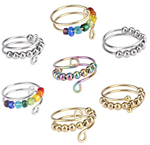 VIKY Antistressringar, 7 stycken, justerbara, för lindring av ångest, ring med pärlor, ångestspinning med ring, öppen spinner, fidgetringar för flickor och kvinnor
