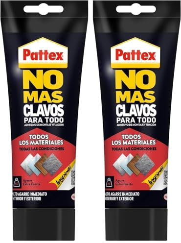 Pattex No Más Clavos Para Todo HighTack, adhesivo de montaje resistente a temperaturas extremas, pegamento fuerte en superficies húmedas, adhesivo blanco, 1 tubo x 340 g (Paquete de 2)