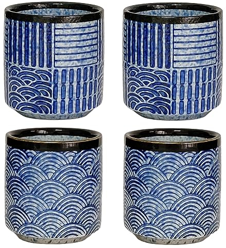 NIUKOMY Set di 4 Tazze da Tè Cinese in Ceramica, Tazza da Tè in Porcellana Giapponese, Vintage Tazza da Caffè Senza Manico, Bicchiere da Sakè, Sushi Espresso, Blu 190ML