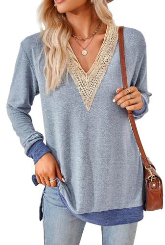 iChunhua Womens V Neck Lace Trim Lightweight Soft Jumpers Ladies Colour Contrasts Splits Side Relaxed Fit Tunic Tops