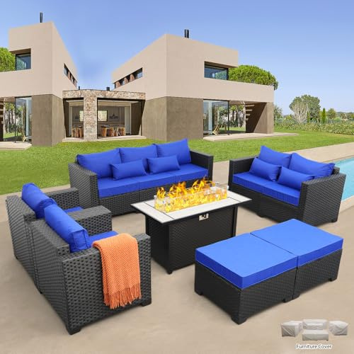 Patio Furniture Set 45-Inch Outdoor Fire Pits 7-Piece Outdoor Furniture Sets Patio Couch Outdoor Chairs 60000BTU Outdoor Propane Fire Pit Table Non-Slip Cushions and Waterproof Covers, Royal Blue