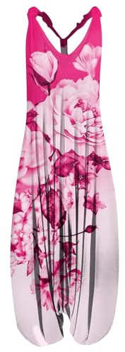 Vasreyy arbeitsoverall damen strampler mädchen hosenanzug damen festlich Jumpsuit Lang Damen Sommer Blumendruck Lässige Frauen Pinke Latzhose Damen Jumpsuit Damne Latzhosen Für Damen (XL, Hot Pink)