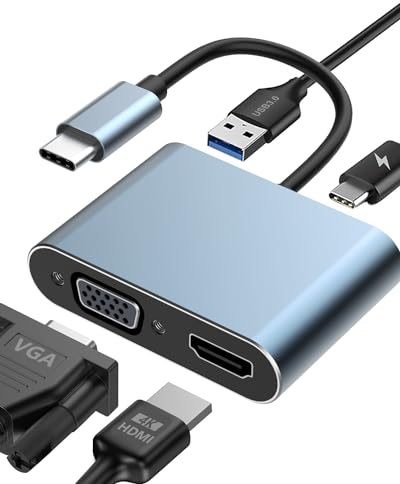 Adattatore USB C a HDMI VGA, 4 in 1 Adattatore multiporta 4K/1080P, USB C a HDMI con USB 3.0, PD 100 W per MacBook Pro/Air