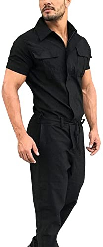 Kurzärmeliger Arbeitskleidung, Herren-Overall, Latzhose, lang, Arbeitskleidung, Sommer-Overall, Übergröße, Loungewear-Sets, weiche Übergröße, Jumpsuits für Herren, Latzhose, Herrenmode, Schwarz , L