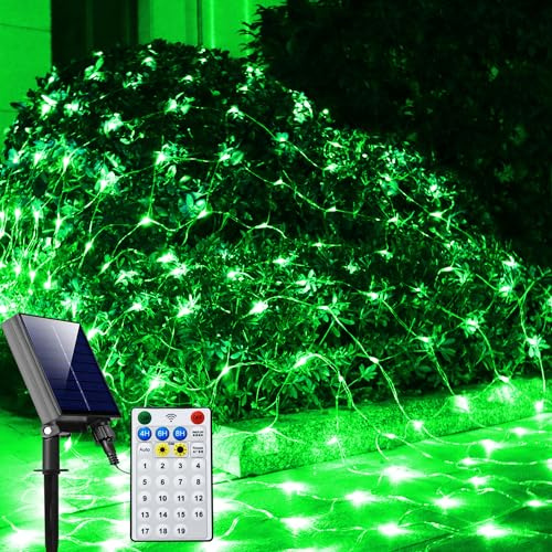Curyidy Solar Net Lights Outdoor Mesh Lights Green, Christmas Lights 19 Modes Solar Powered/USB Transparent Wire, 200 LED Fairy Lights for Fence, Garden, Yard, Bushes, Trunk, St. Patrick's Day Decor