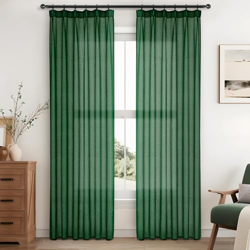 MRTREES Vorhänge Gardinen 240cm lang, 140cm breit, 2er Set, Stores, dunkelgrün, halbtransparent, mit Kräuselband für Schiene