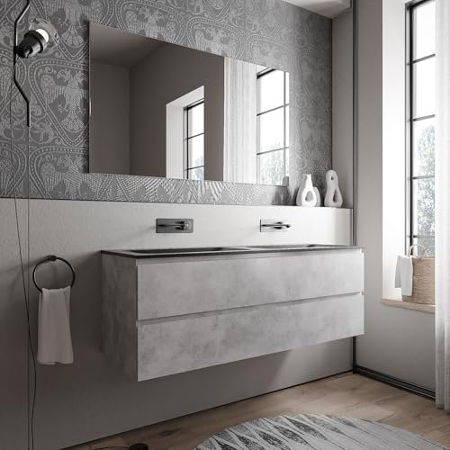 BERNSTEIN Badmöbel-Set Ava 140cm bestehend aus Mineralguss-Doppel-Waschbecken mit Unterschrank in Beton, Waschtisch CREAM - Schwarz matt ohne Hahnloch, Ideal für große Bäder