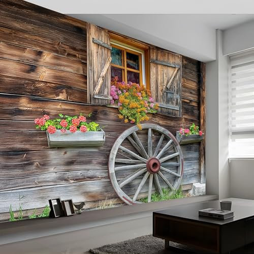 Générique Papier Peint Panoramique Maison De Campagne Texture Bois 3D Peinte Marron Intissé Murale, 350 x 256 cm (L x H) Photo Murale pour Salon Chambre d'enfants restaurant Décoration Murale