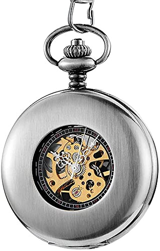 JFNHUTL Retro Silber Schwarz Glatte Mechanische Taschenuhr Einzigartige Handaufzug Uhr Römische Ziffern Zifferblatt Kette Anhänger Unisex Geschenke