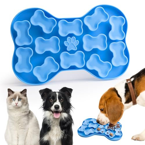 Anti Schling Napf Hund Schleckmatte Katze, Silikon Hunde Schleckmatte, Form des Knochens Schleckmatte für Slow Feeder Hund, Schlingnapf Hunde mit Saugnapf, 23,5 X 15,5 cm, Blau