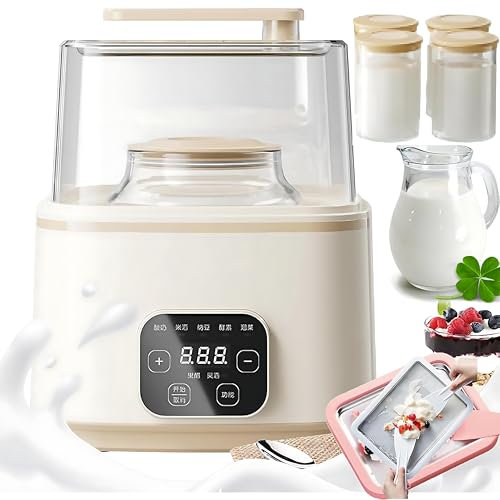 Máquina automática para Hacer Yogur, máquina de fermentación Inteligente de 1 L+2 L con Temporizador de Panel táctil LED, máquina de fermentación Natto de 25 W, 4 tarros y 2 bandejas para Helado