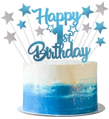 Iridsmole Happy 1st Birthday Cake Topper, 1st Birthday Decorations Girls Boys, Blue Silver Personalised Cake Toppers, Blue Star Birthday Cupcake Toppers for Boys Girls