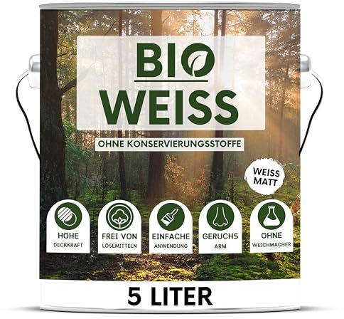 derendo BIO Wandfarbe weiß hohe Deckkraft 5l | ohne Konservierungsmittel & Weichmachern | Innenfarbe Farbe ausbessern Allergikerfreundlich, Umweltfreundlich & Geruchsarm (5 Liters)