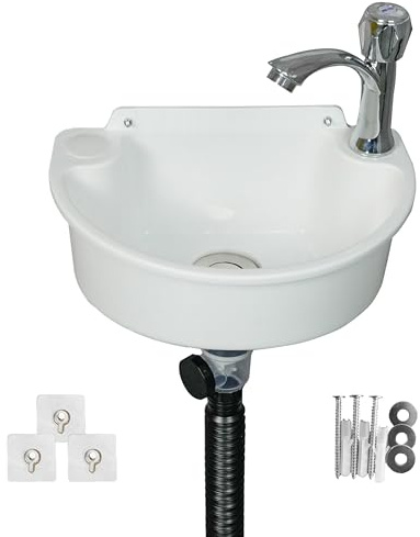 Small Bathroom Sink Wall Mount Bathroom Sink Wash basin, No-Drill Installation Self-Adhesive Sink 11.8 x 8.2 Inch with 1.26 Inch Faucet Hole, Rv Sink Mini Plastic for Home, Dorm, Garage (White)
