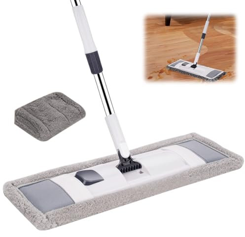 Spazzola per pavimenti, mocio con manico telescopico in acciaio inox da 137 cm, mocio piatto con 1 mocio rimovibile, con rotazione a 360°, mocio bagnato e asciutto per legno duro, laminato,