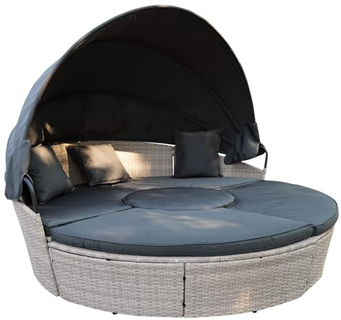 Calma Lux® Poly Rattan Sonneninsel XL mit faltbarem Sonnendach Ø 180/210 cm inkl. Auflagen Kissen, Lounge Sonnenliege Gartenmuschel (Hellgrau, Dia 210)