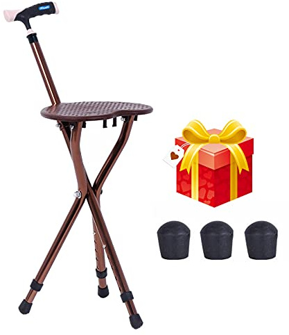 QHLMLL Siège de Canne Pliable, capacité de 440 LB, Canne de Marche à Hauteur réglable de Luxe, Tabouret de Canne à Trois Pieds en Aluminium léger pour Hommes et Femmes, Cadeau, Marron