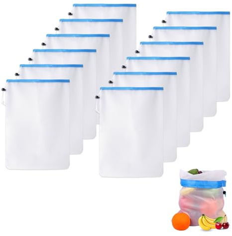 QINGYIWL 12 Stück Obst Gemüse Netztasche, 43x30cm Netzbeutel mit Kordelzug | Wiederverwendbar Waschbar Durchsichtige Netzbeutel für Lebensmittel Gemüse Obst Spielzeug