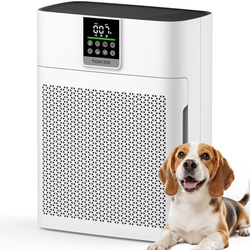 TENKER Purificador de aire para habitaciones grandes con pantalla PM2.5, modo de sueño silencioso y prefiltro lavable
