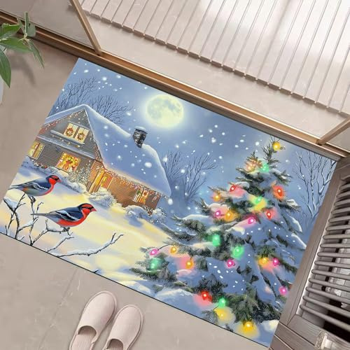 JEDTAKCT Blaugrau Waschbarer Teppich Weihnachtsbaumfarbene Lichter Muster 40X60Cm Vintage-Holzhaus Eingangsbereich Modern Fußmatte Badezimmerteppich Weich rutschfest Kleiner Kurzflor Bad Schlafzimmer