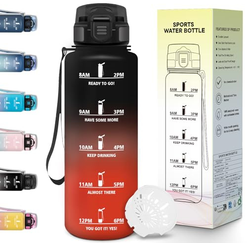 Motswedi Botella Agua 1,5l, Botella Agua Gimnasio, Diseño de Cerradura a Prueba de Fugas, Cantimplora, con Marca de Tiempo, Cantimplora Plastico para Deportes, Universidad, Bicicleta - Negro&Rojo