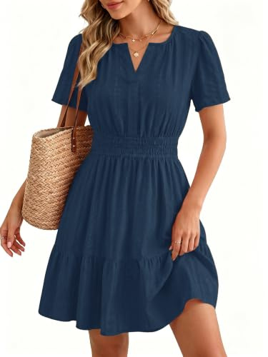 Timormode Womens Summer Casual Mini Dress 2026 with Pocktes | Short Sleeves, Elastic Waist, A Line, V Neck, Boho Flowy Beach Vacation Dress, Cotton, Lightweight Daily Work Outfits