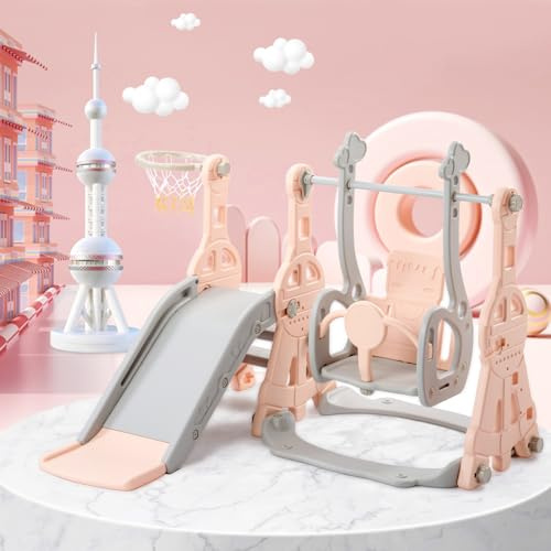 Tobogán infantil 4 en 1, para exteriores, zona de juegos interior para jardín con columpio, canasta de baloncesto y escalera de escalada, para niños de 1 a 6, interior y exterior (rosa)