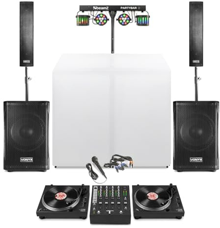 DJ Package with 2 Direct Drive Turntables, 4-Channel DJ Mixer, Mobile DJ Booth, Column Array PA System, Party Light Bar with PAR and Derby Effects, Cables Included, for Vinyl DJ Shows