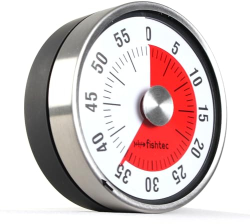 FISHTEC Mechanischer Küchen Timer magnetisch - Rote Sichtzone Ø 8 cm - 60 Minuten Signalton - Zeitmanagement für Küche Schule Büro - Ohne Batterie mit Magnetbefestigung am Kühlschrank