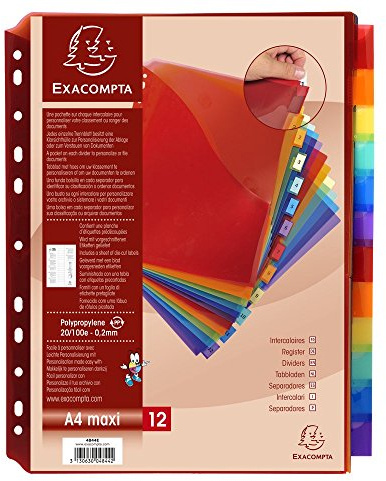 Exacompta 4844E premiumregister med ficka för DIN A4 MAXI tillverkad av slitstark plast, 8 delar, full höjd 25 x 30 cm, fullfärgade, 2 x 4 färger med etikettark för märkning avdelare