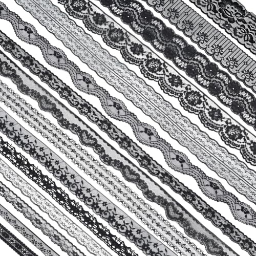 BENECREAT 15 Rolls 34.29m Black Floral Pattern Tessuto Pizzo Nastro dal Rotolo per Invito a Nozze, Carte, Decorazione, Cucito, Fiocco per Capelli, Confezione Regalo, Formato Misto
